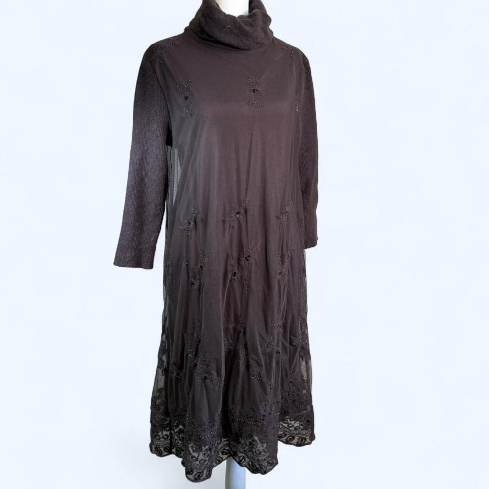 Sundance‎ Women's Size M Brown Long Sleeve Turtleneck Beaded Midi Dress